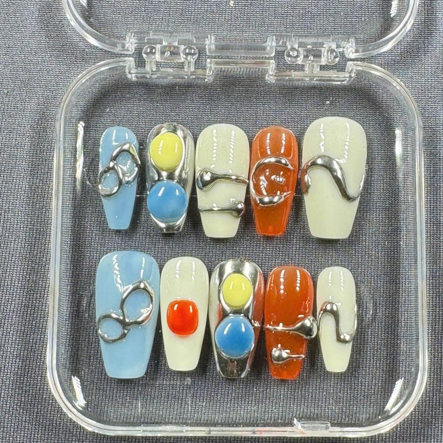 Chrome Orb Press On Nails β Abstract Pop Art Design in Blue, Yellow and Orange Tones | Gift for Her