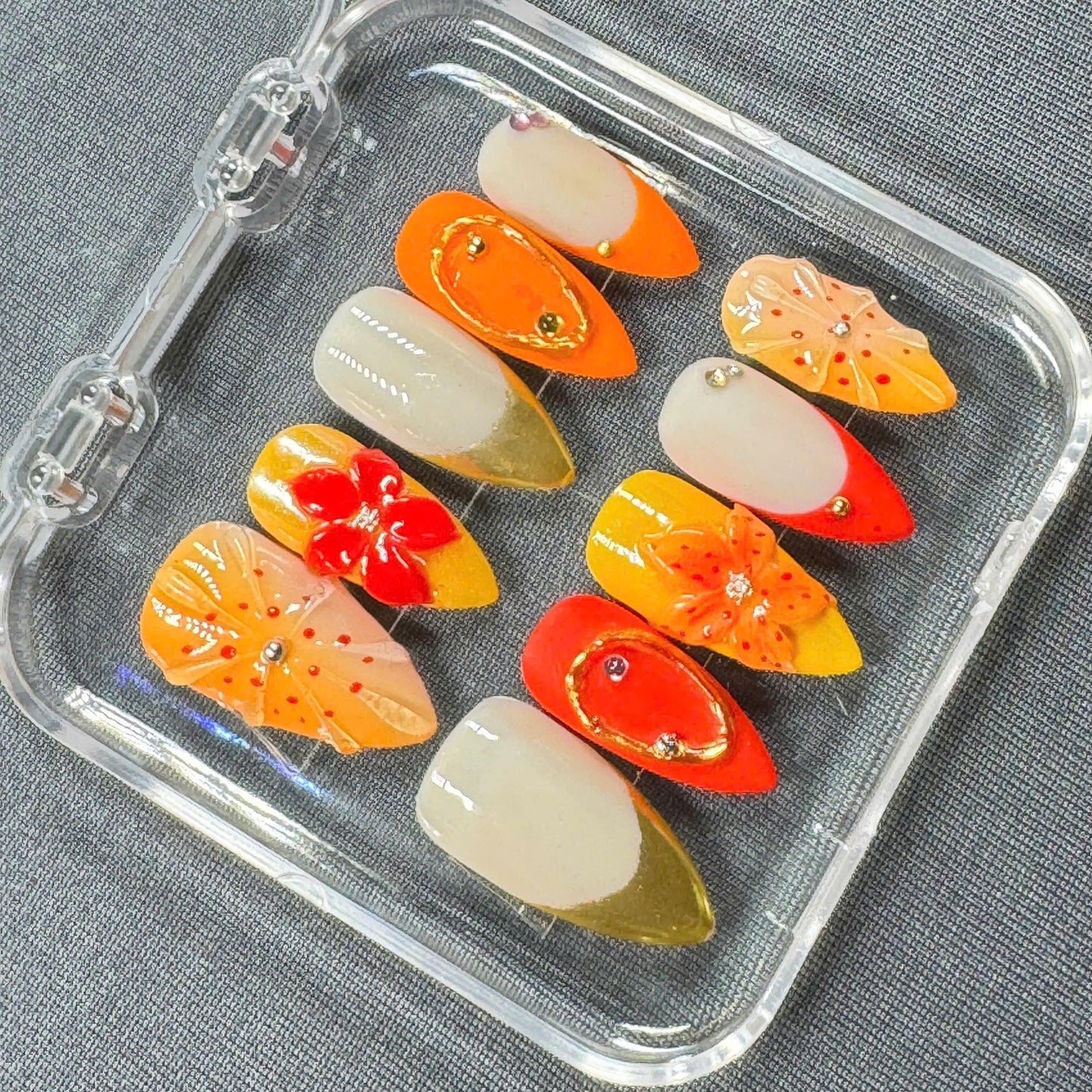 Tropical Sunset Bloom Press On Nails β Bold Orange, Yellow & 3D Floral Accents | Gift for Her