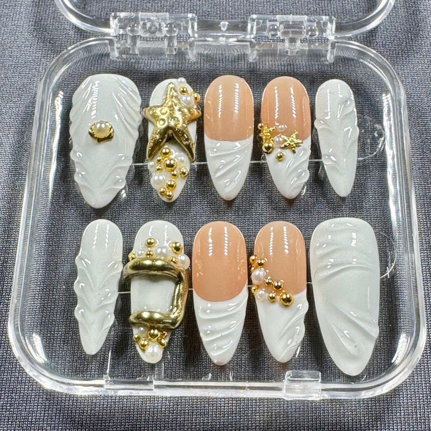 Golden Seashore Press-On Nails – Ivory Sculpted Shell Tips with Gold Starfish Charms Pearl Beads and Nude Base | Summer Ocean Nail Art