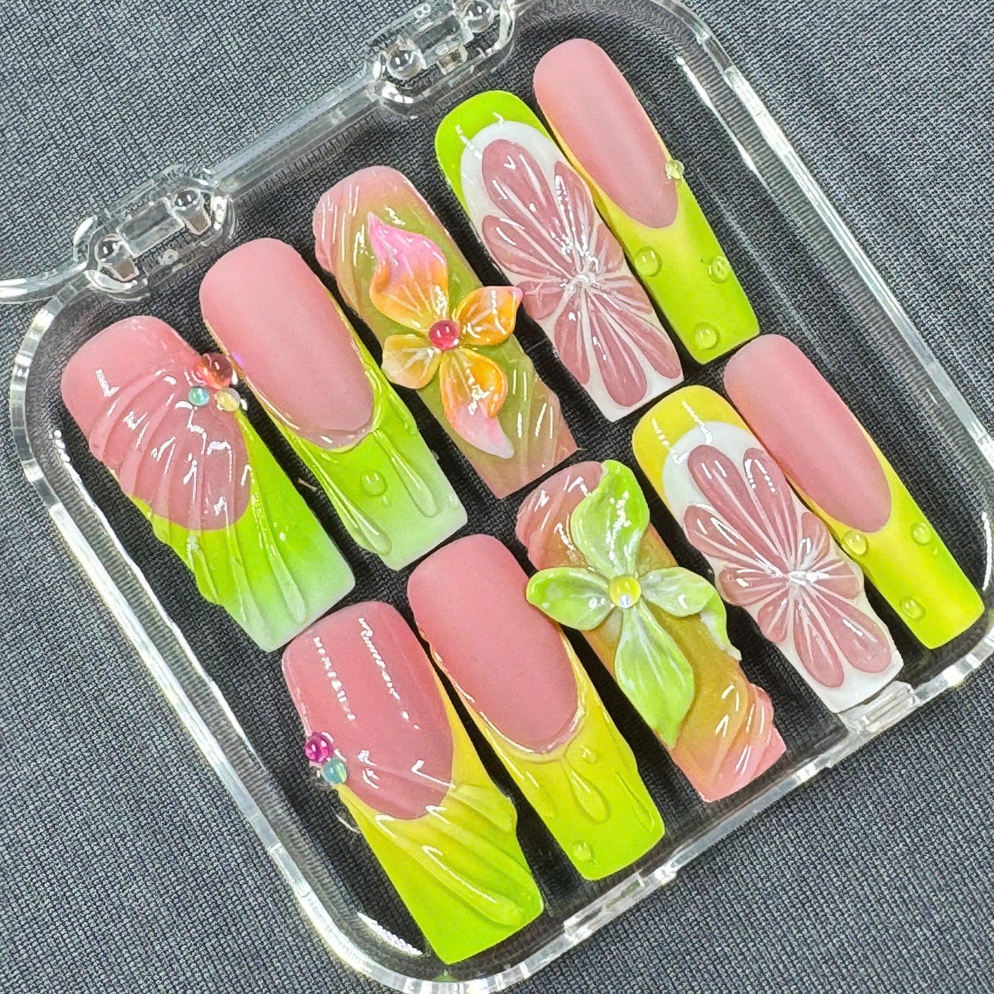 Tropical Bloom Press On Nails β Lime Pink Set with 3D Florals and Jelly Shine | Gift for Her