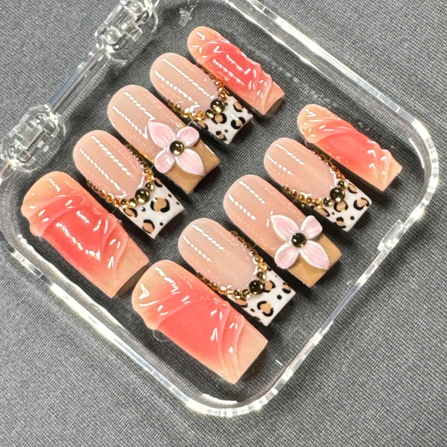 Wild Bloom Press On Nails β Leopard Print, 3D Flowers and Gold Chain Accents | Gift for Her