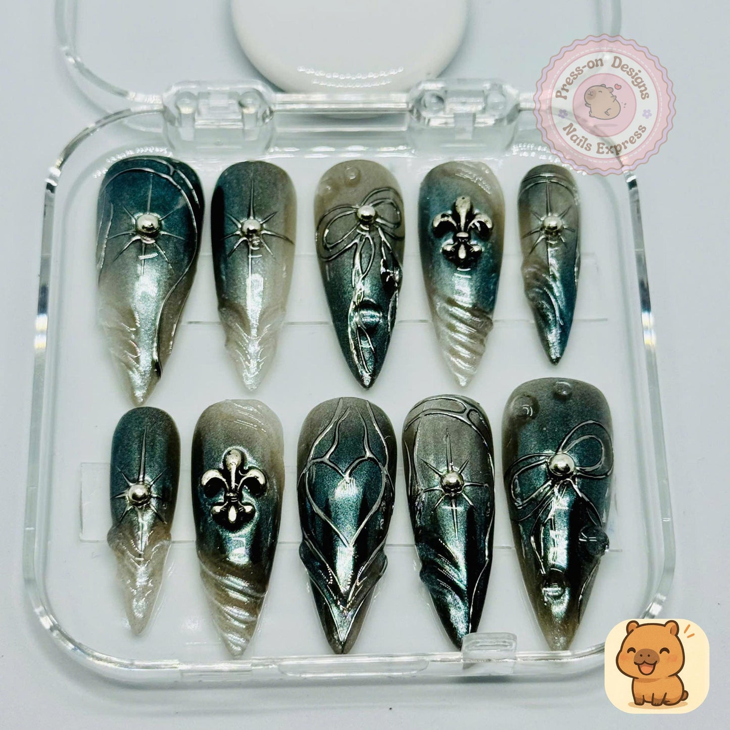 Midnight Armor Press-On Nails β Gunmetal Chrome Nail Set with 3D Bows, Stars & Fleur-de-Lis β Handmade Gothic Metallic Nails