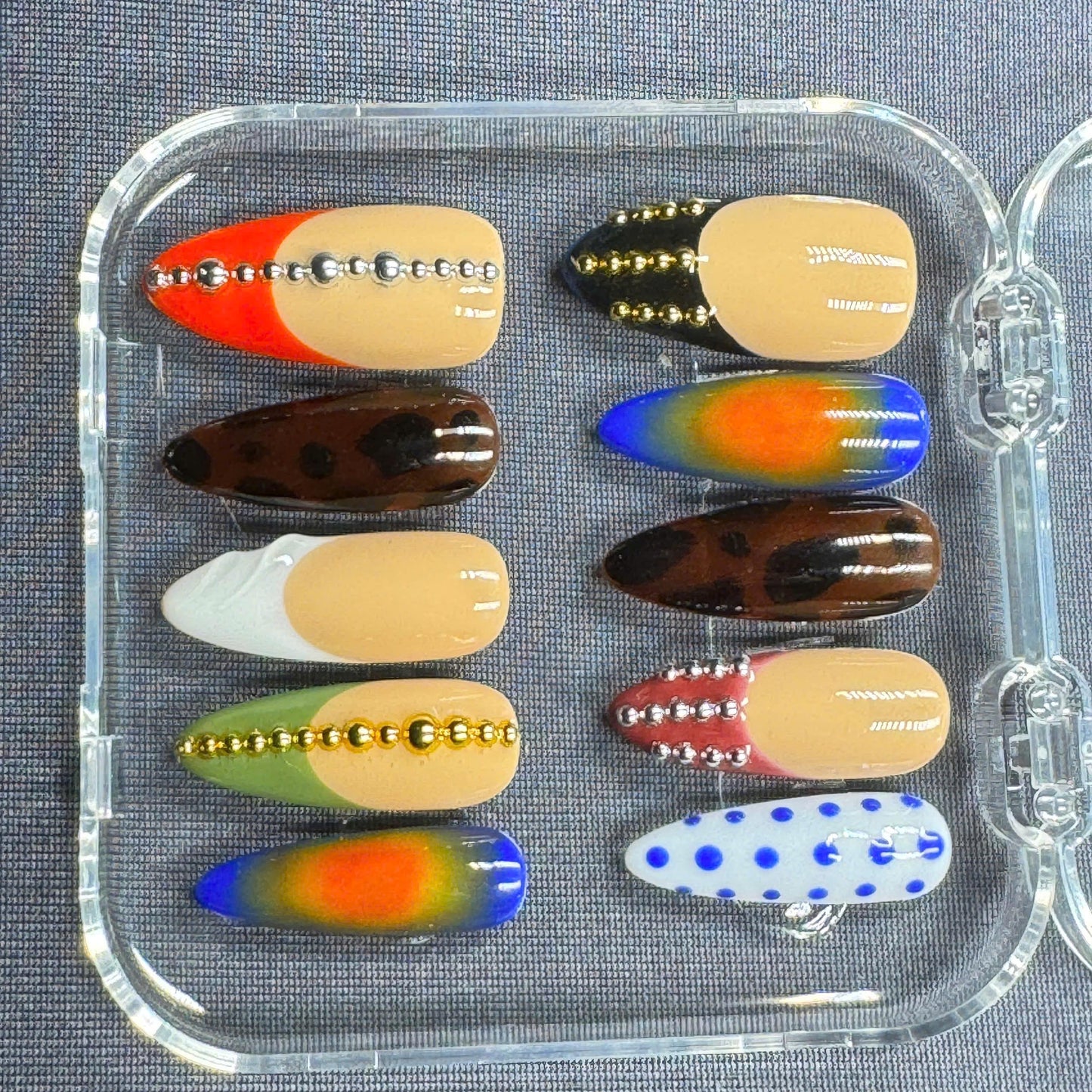 Boho Chic Press-On Nails – Earthy Tones with Geometric Design – Handmade Long Coffin Set