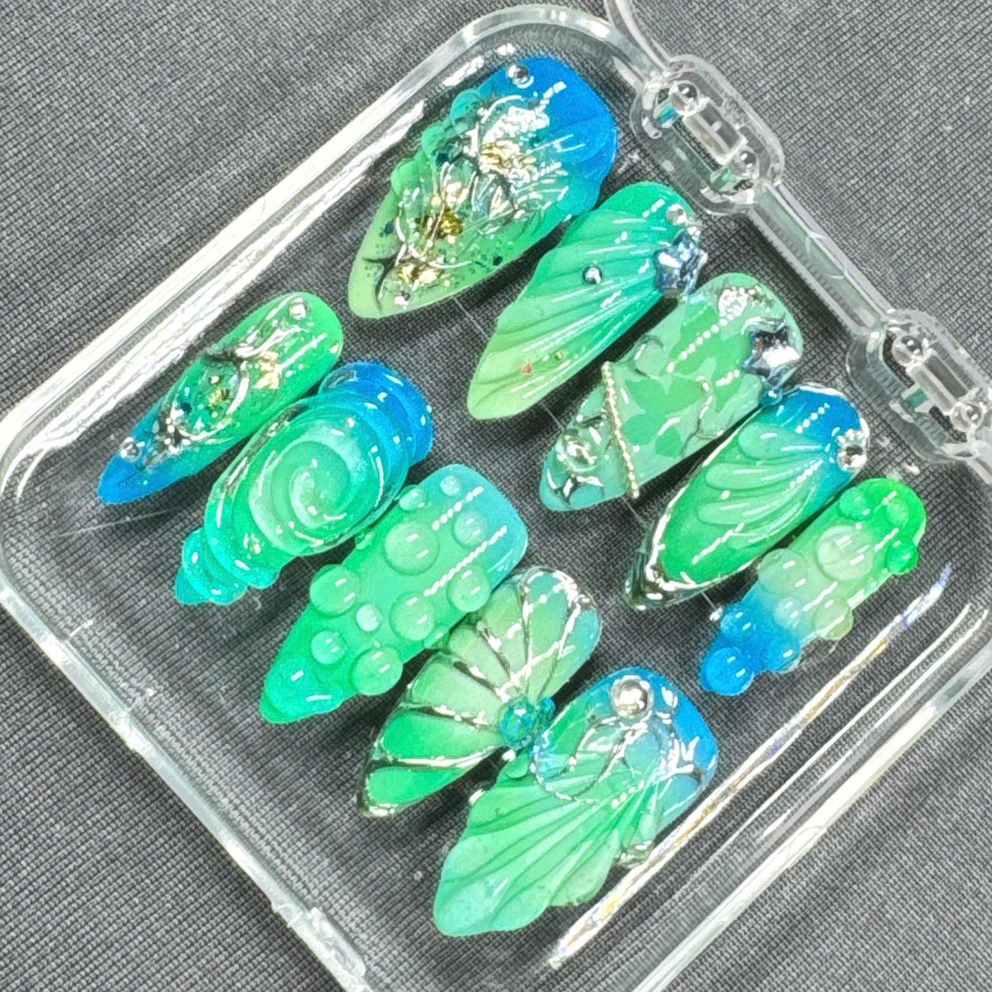 Mystic Forest Press On Nails β Emerald Blue Set with 3D Leaves and Gem Accents | Gift for Her