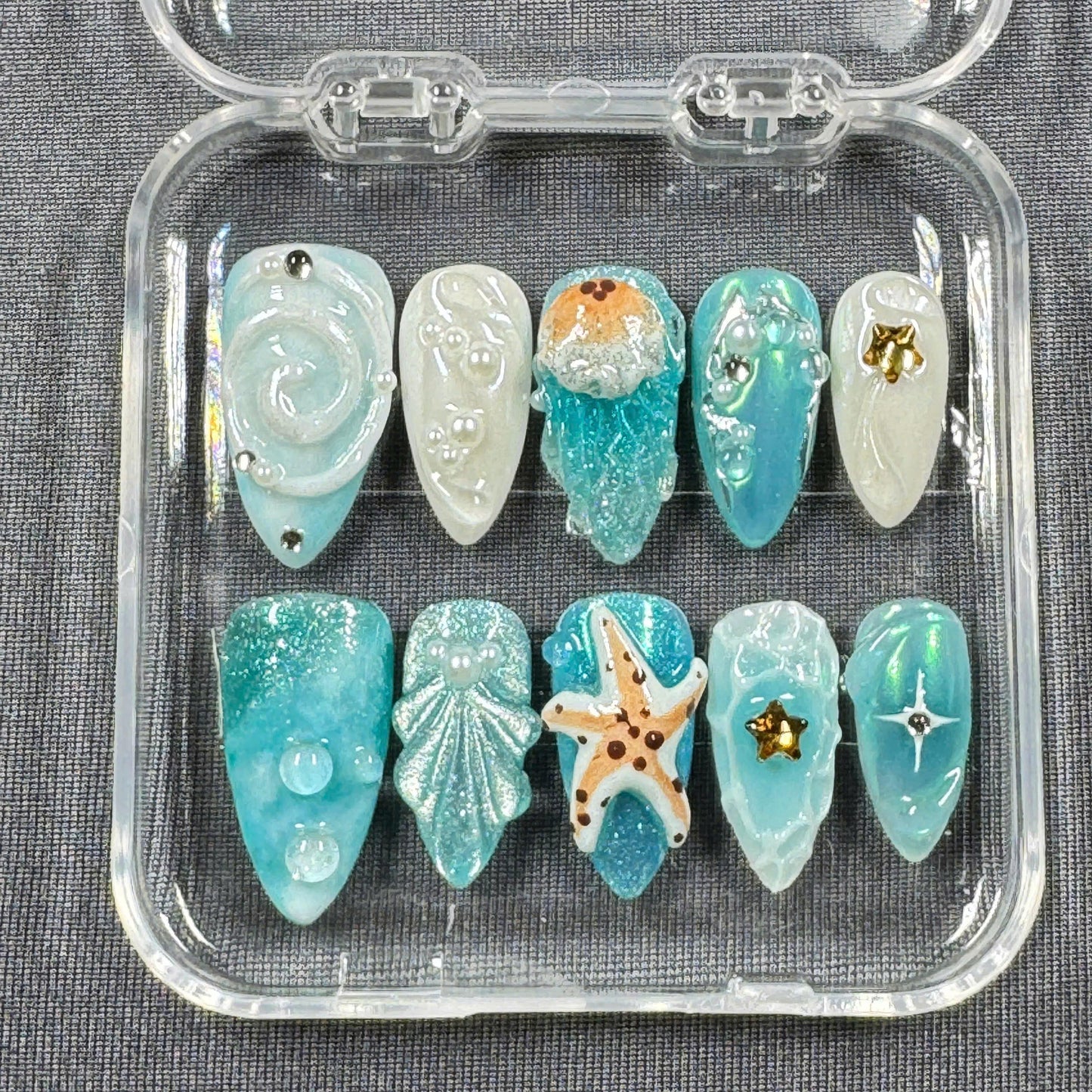 Ocean Fantasy Press On Nails β Starfish, Shells and Jelly Textures in Iridescent Aqua Blue | Gift for Her