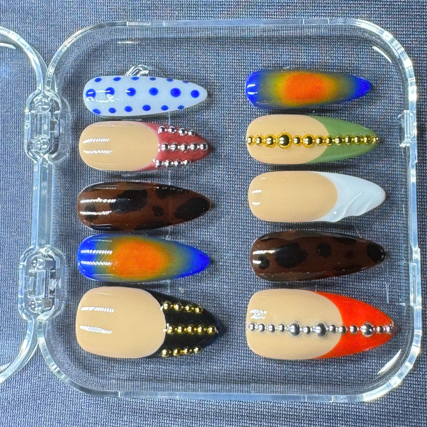 Boho Chic Press-On Nails – Earthy Tones with Geometric Design – Handmade Long Coffin Set