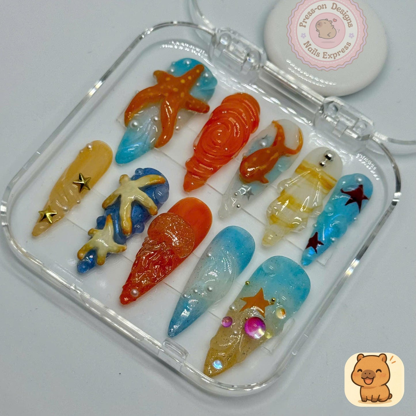 Under the Sea Press-On Nails β 3D Ocean Theme Nail Art with Shells, Starfish & Coral