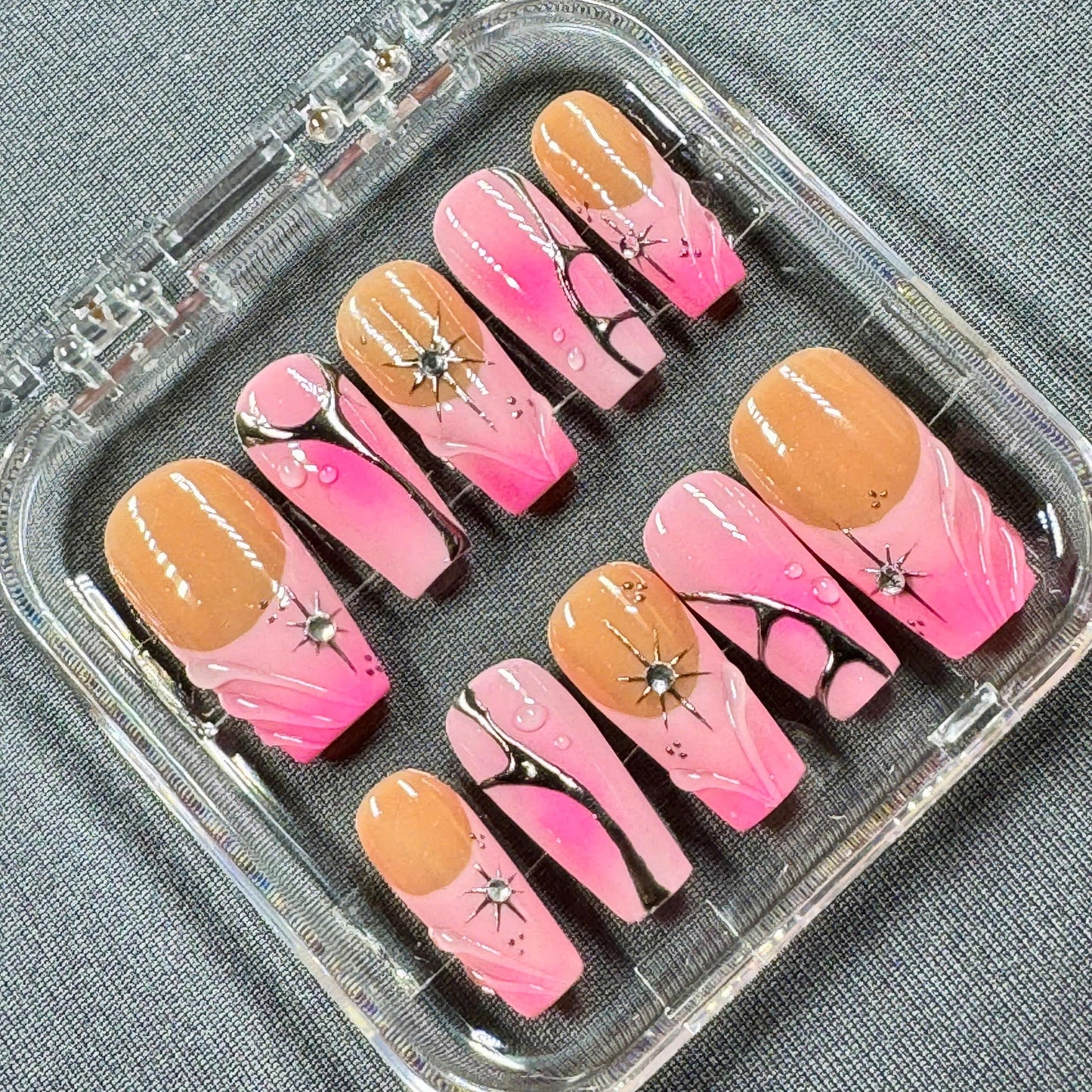 Pink Chrome Galaxy Press-On Nails – Nude Ombre with Black Starlight Swirl and 3D Shine Accents | Gift for Her