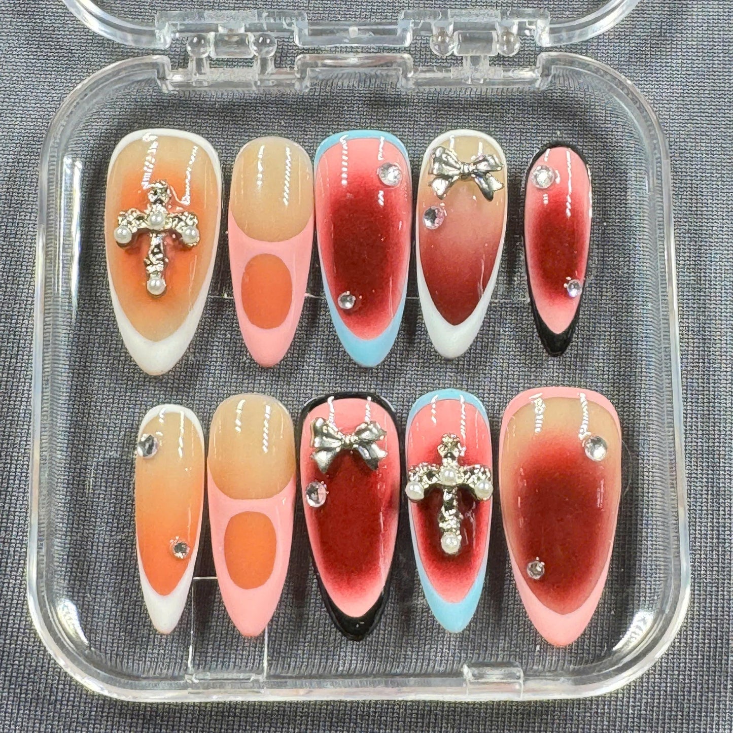 Crimson Grace Press-On Nails – Red Ombre with Rhinestone Cross Charms, Bows and French Tips | Handmade Nails for Bold Glam Looks