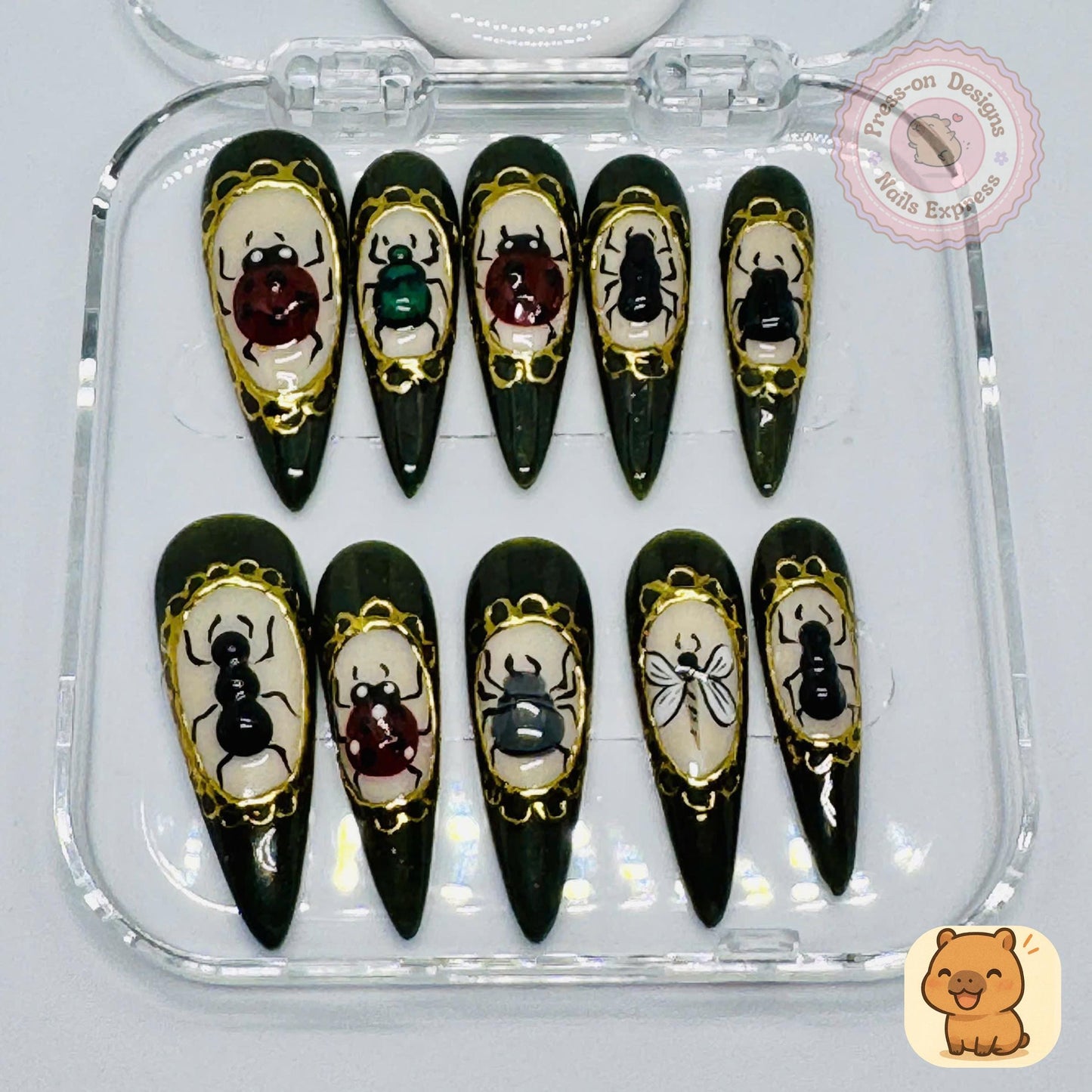 Gothic Insectarium Press-On Nails β 3D Bug & Beetle Nail Art with Gold Frame Detail β Handmade Dark Green Vintage Science Set