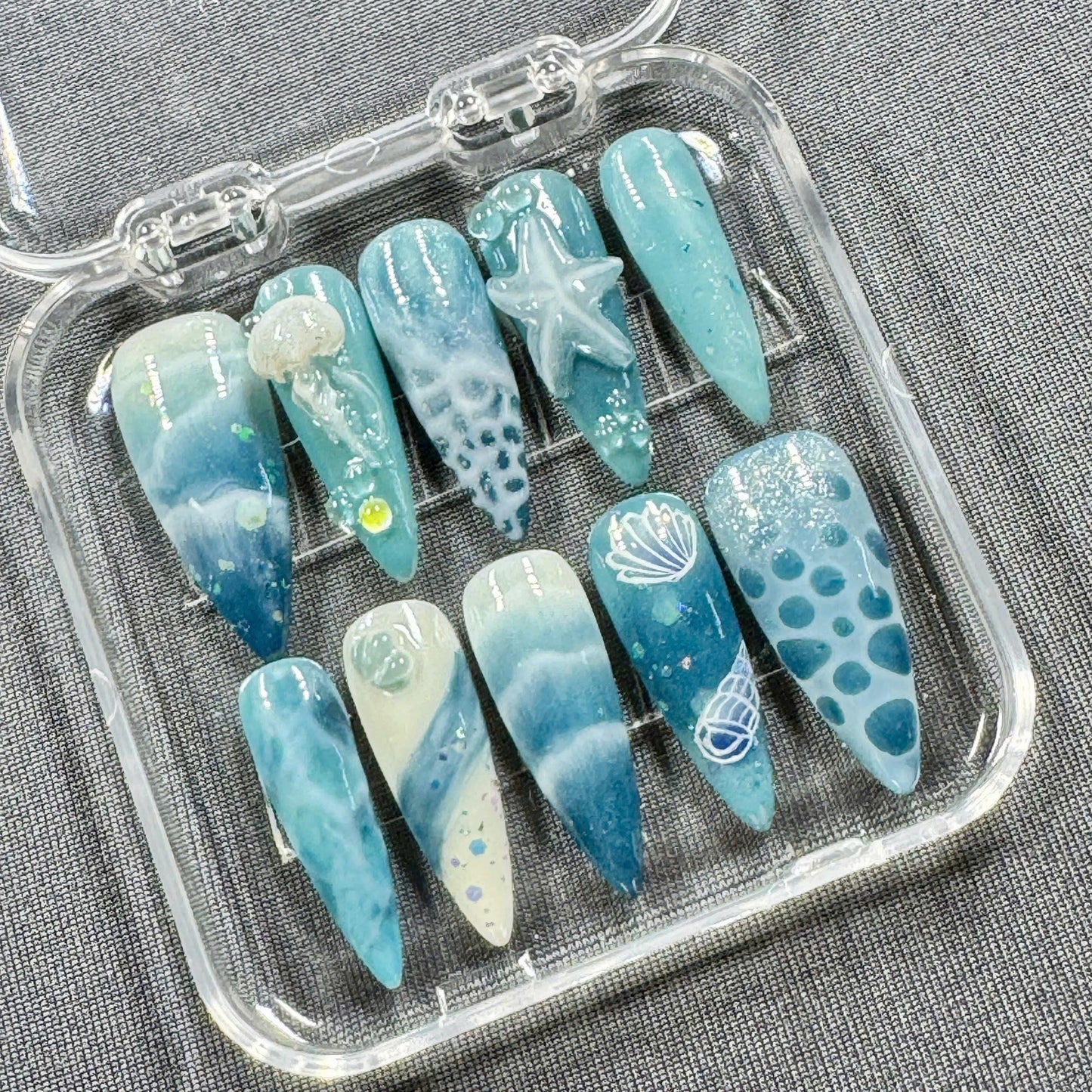 Ocean Depths Press-On Nails – 3D Jellyfish, Starfish Wave Art in Aqua & Blue | Handmade Nails for Summer, Beach Trips, or Coastal Vibes
