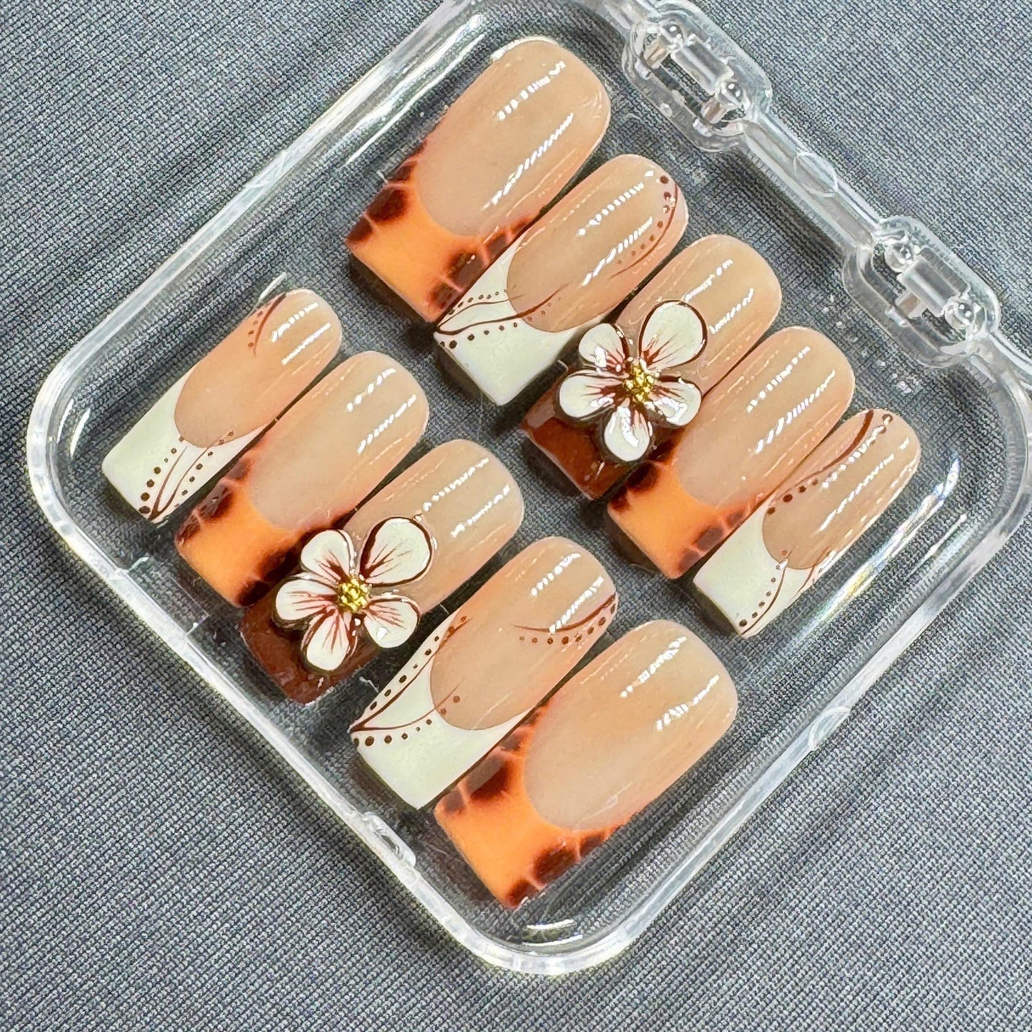 Floral French Press On Nails β Brown Beige Spring Coffin Set with 3D Blossom and Nude Gradient | Gift for Her