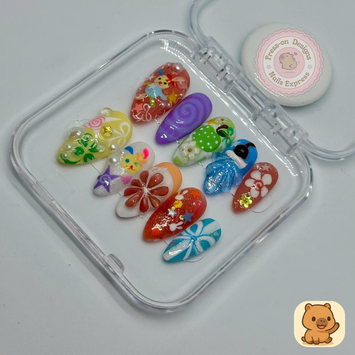 Whimsical Garden Party Press-On Nails β Colorful 3D Handmade Nail Art Set Gift for Her Halloween