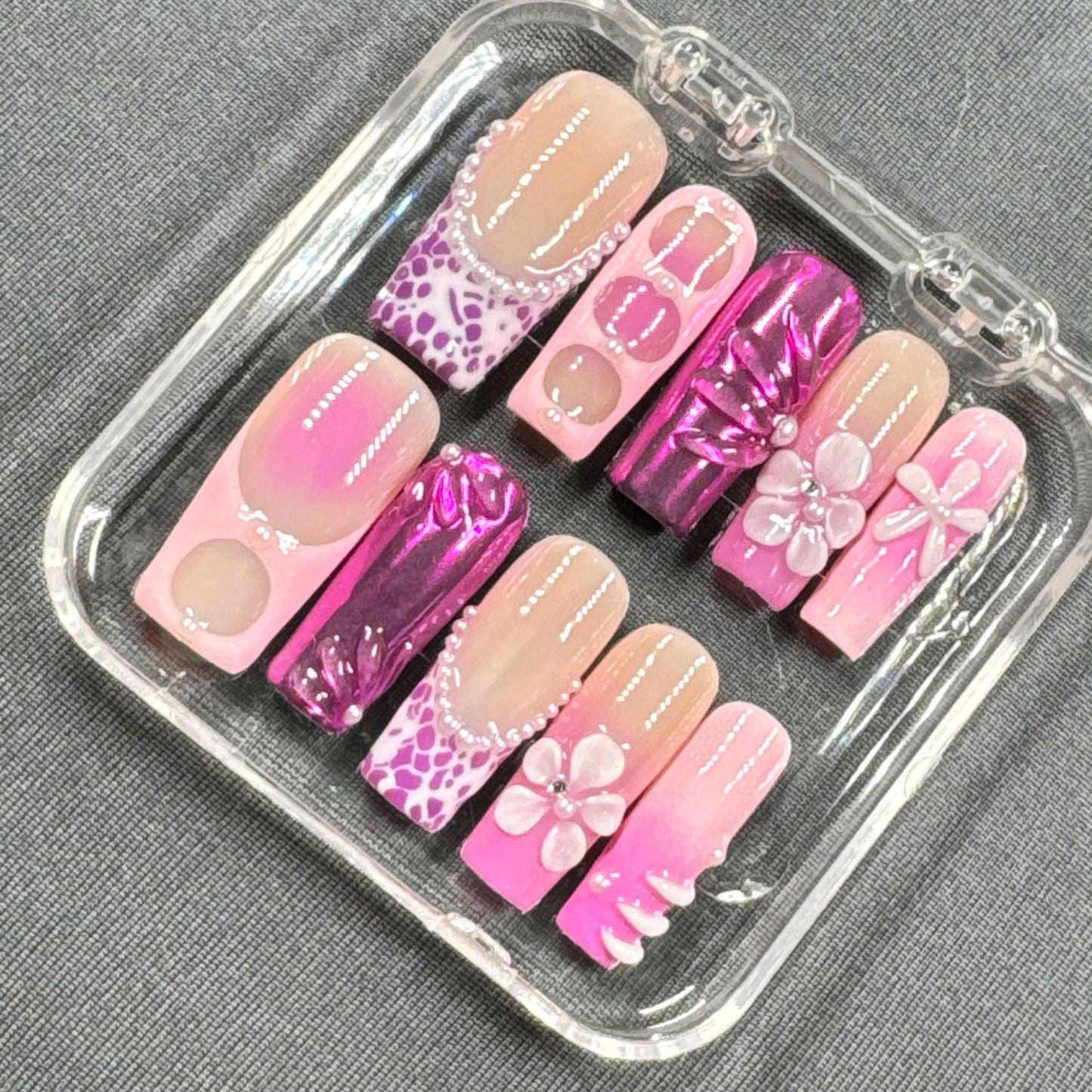 Pink Power Play Press On Nails β Hot Pink Chrome, Leopard Accent & 3D Blossoms | Gift for Her