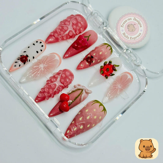 Berry Bliss Press-On Nails – 3D Fruit Nail Art with Strawberries, Cherries & Citrus – Handmade Summer Pink Nail Set