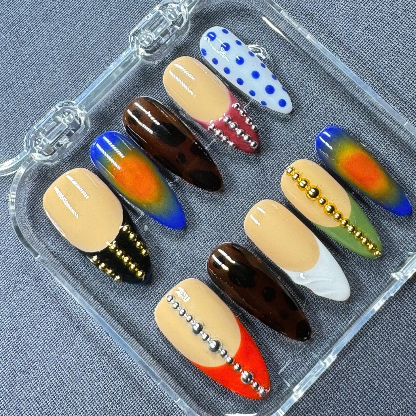 Boho Chic Press-On Nails – Earthy Tones with Geometric Design – Handmade Long Coffin Set