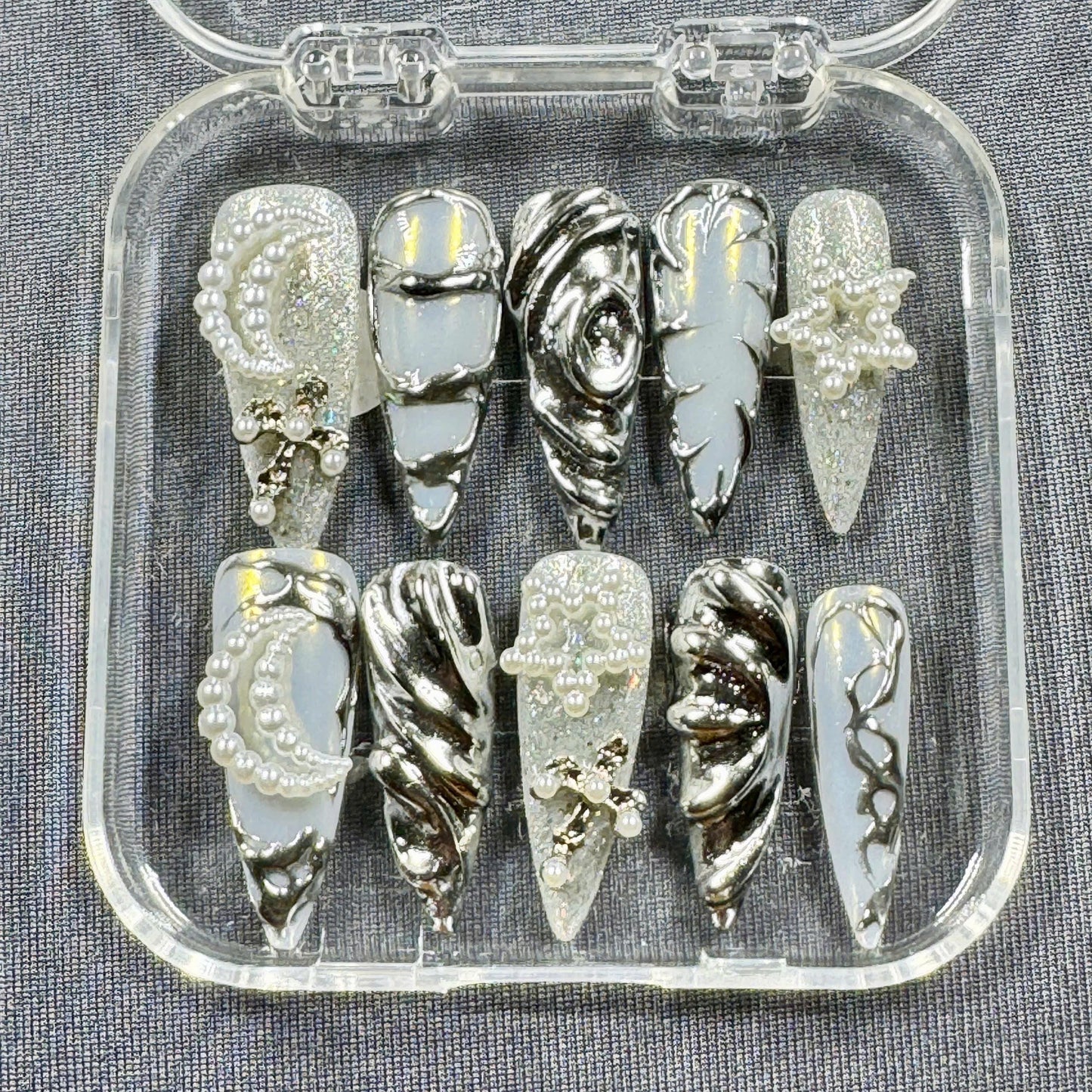 Lunar Luxe Press On Nails β Silver Chrome with Pearls and Holographic Glitter | Gift for Her
