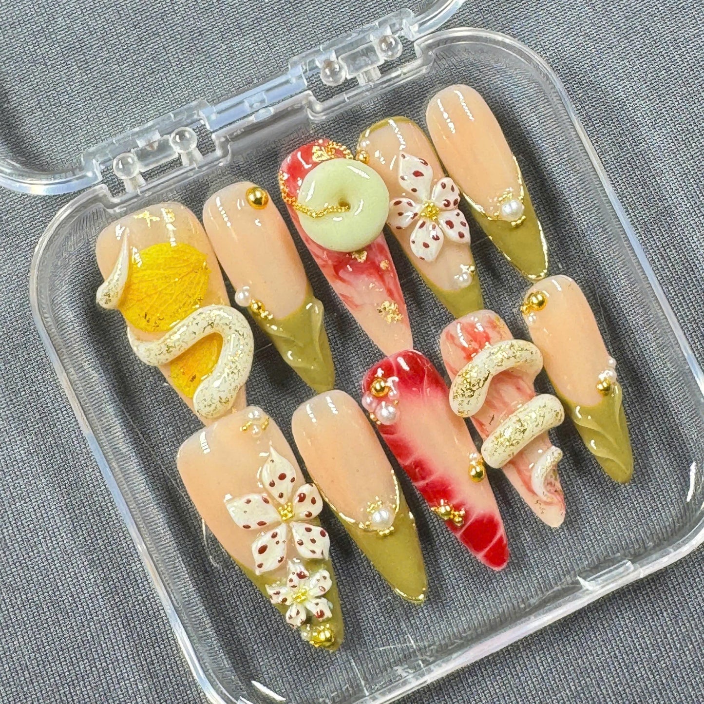 Golden Garden Press On Nails β Olive Green French, 3D Flowers & Sculpted Charms | Gift for Her