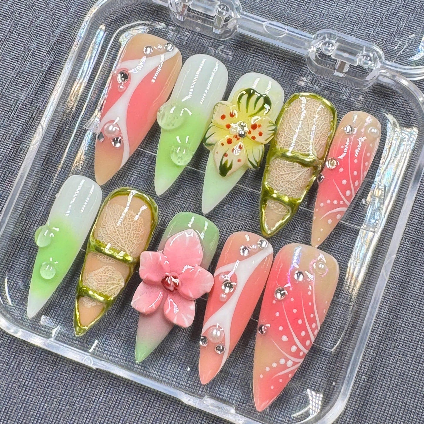 Tropical Paradise Press-On Nails – Colorful Floral Design with Gold Accents – Handmade Summer Nail Set