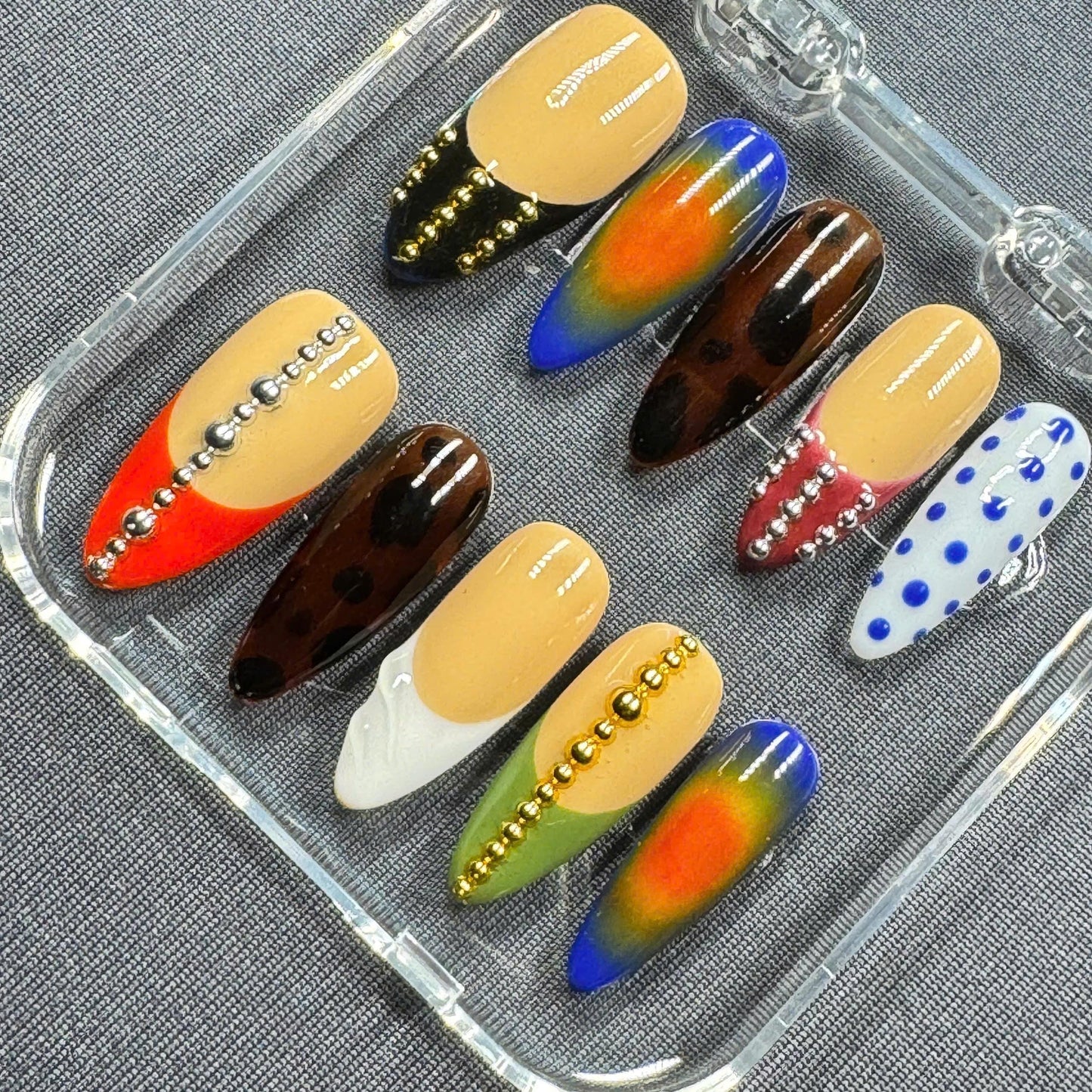 Boho Chic Press-On Nails – Earthy Tones with Geometric Design – Handmade Long Coffin Set