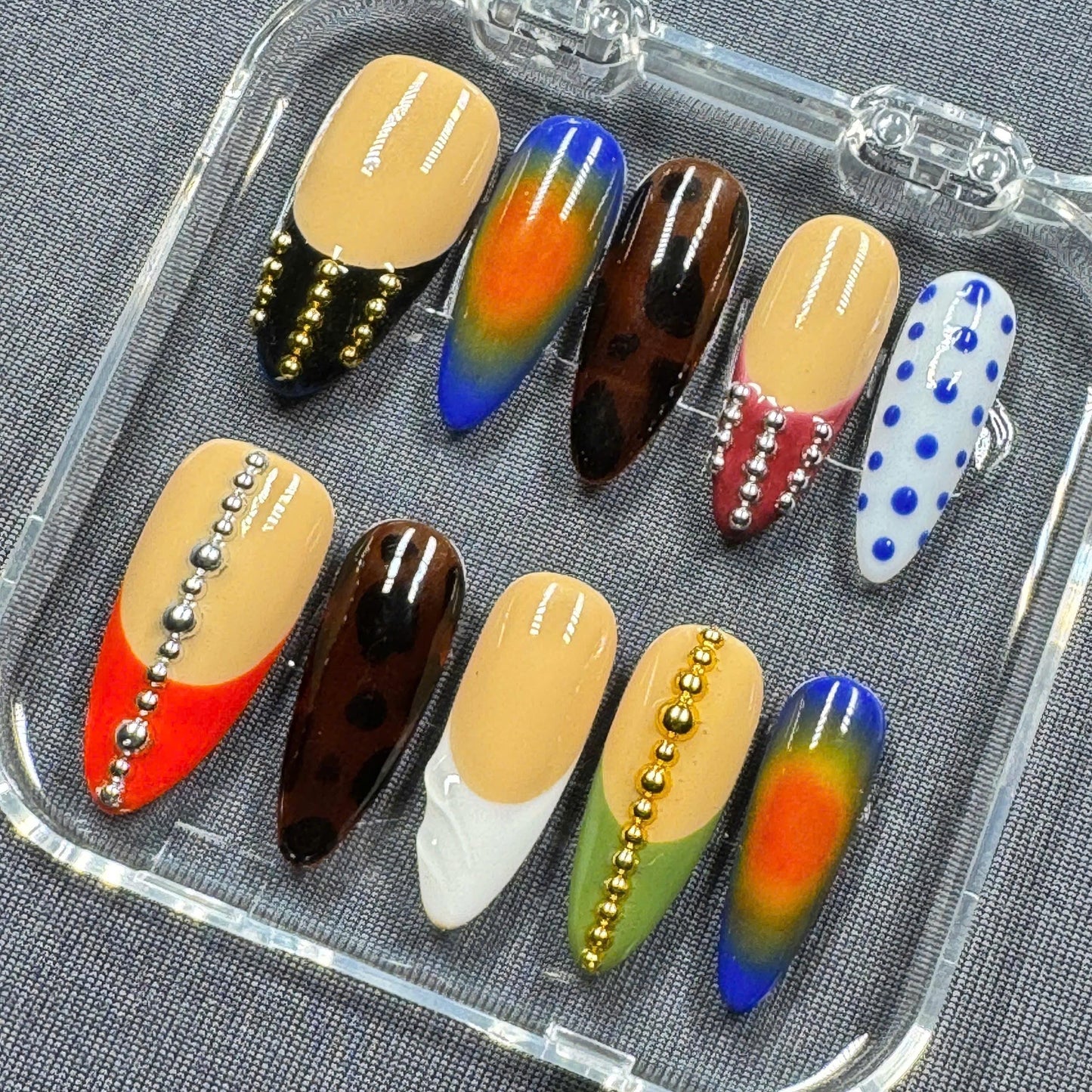 Boho Chic Press-On Nails – Earthy Tones with Geometric Design – Handmade Long Coffin Set