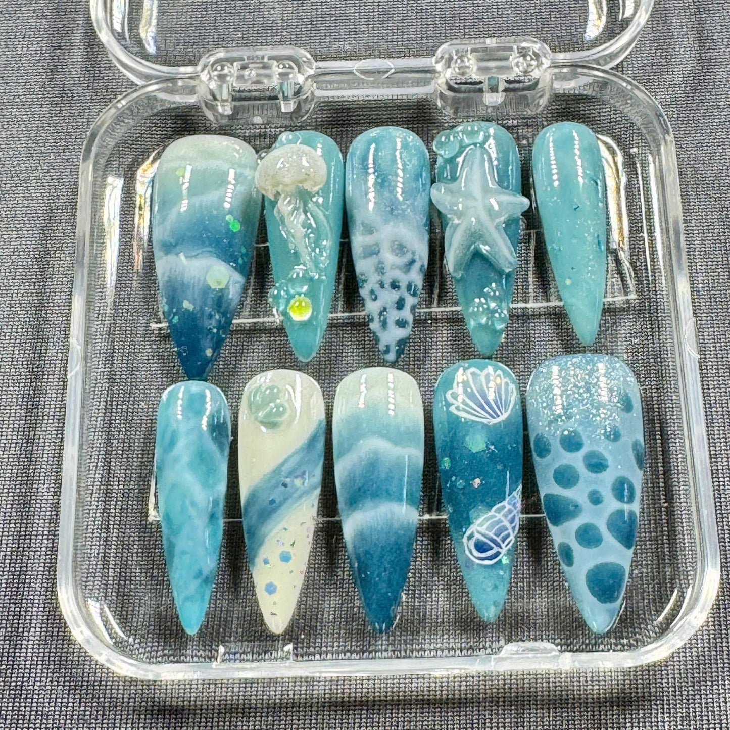 Ocean Depths Press-On Nails – 3D Jellyfish, Starfish Wave Art in Aqua & Blue | Handmade Nails for Summer, Beach Trips, or Coastal Vibes