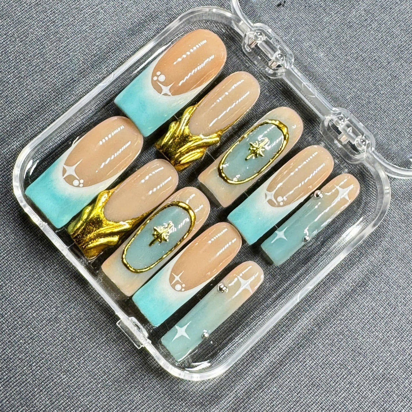 Celestial Sands Press On Nails β Nude Turquoise Gradient with Star Charms and Gold Accent | Gift for Her