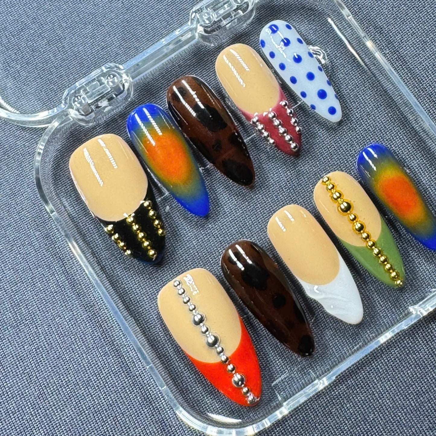 Boho Chic Press-On Nails – Earthy Tones with Geometric Design – Handmade Long Coffin Set