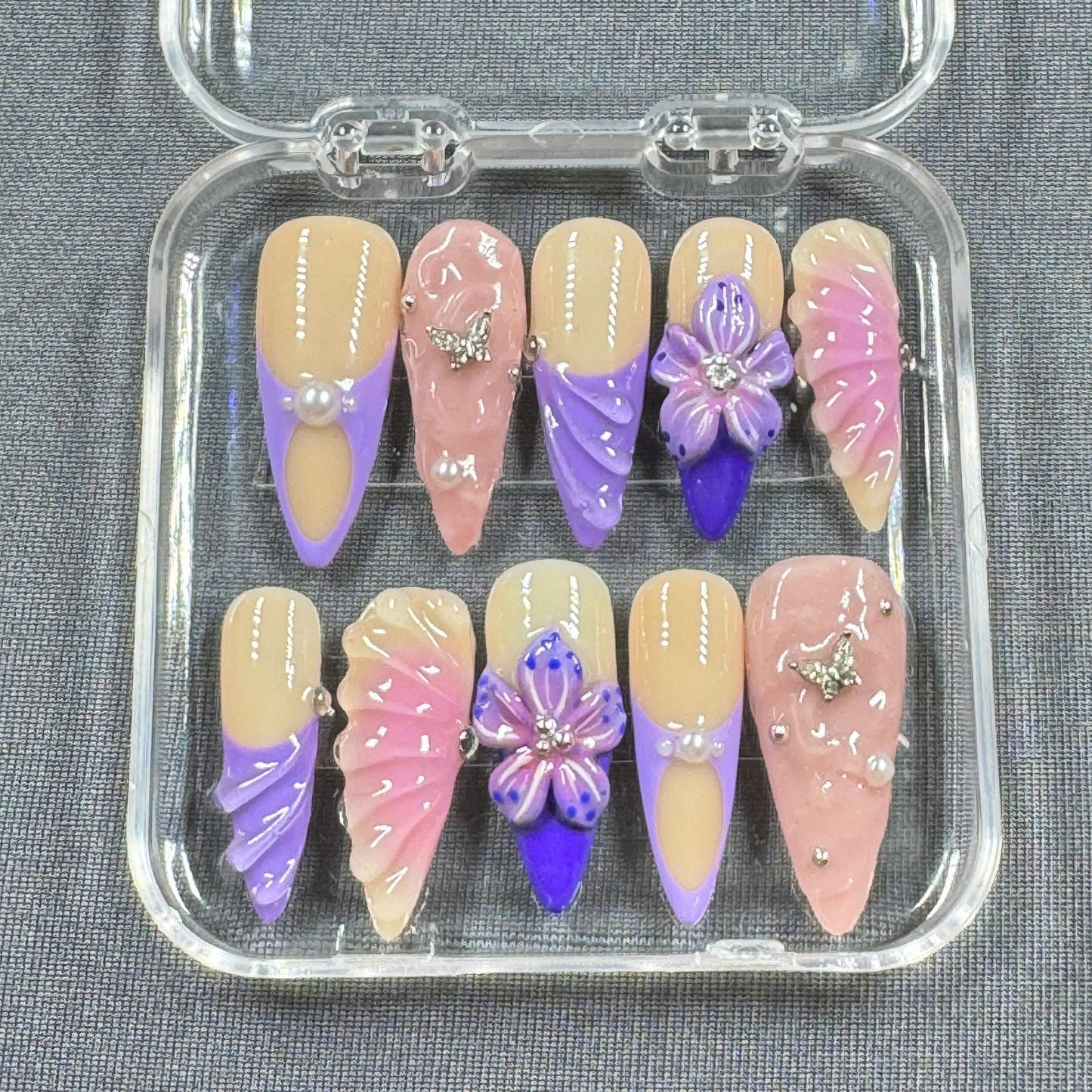 Lavender Whimsy Press On Nails β 3D Flowers, Butterflies & Pearls in Pastel Pink and Purple | Gift for Her