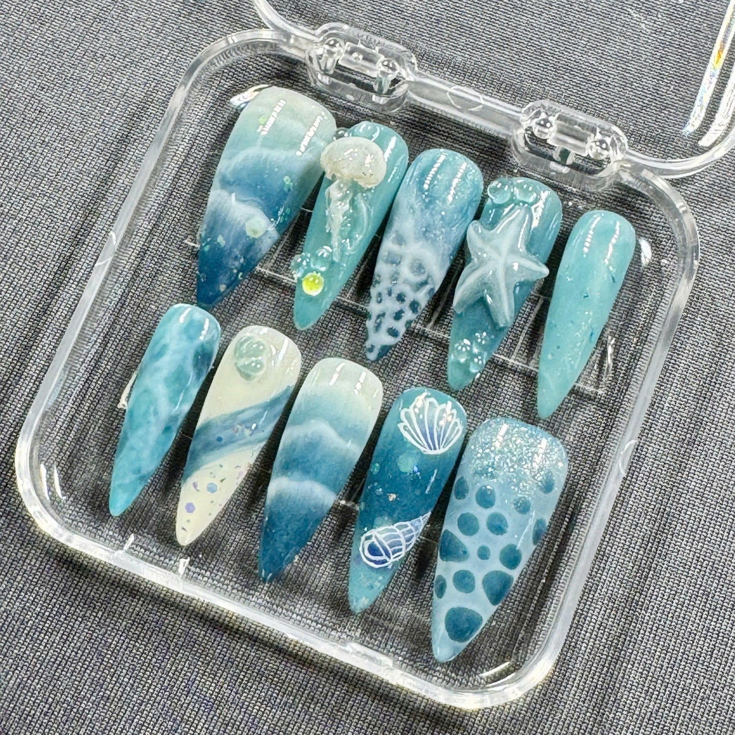 Ocean Depths Press-On Nails – 3D Jellyfish, Starfish Wave Art in Aqua & Blue | Handmade Nails for Summer, Beach Trips, or Coastal Vibes
