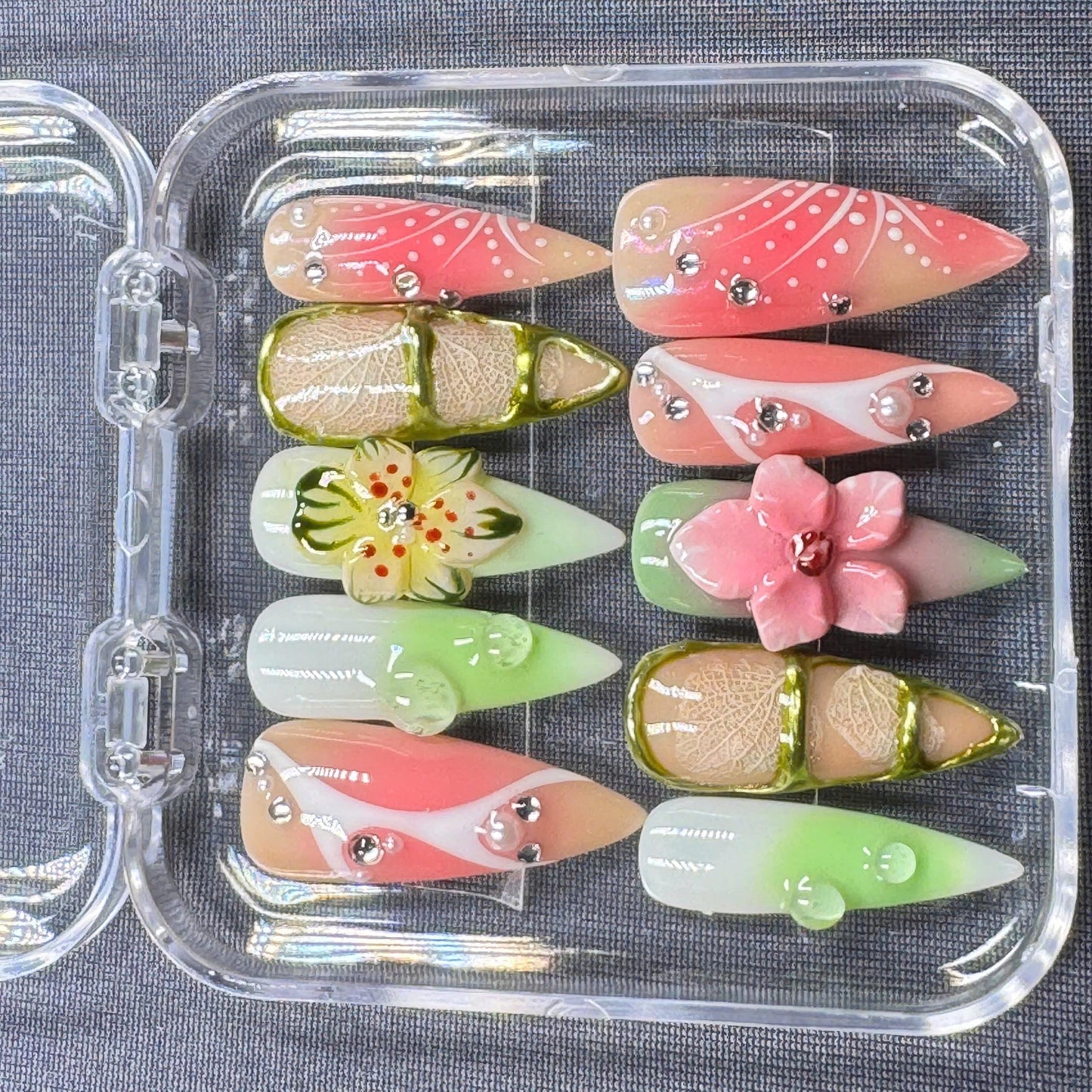 Tropical Paradise Press-On Nails – Colorful Floral Design with Gold Accents – Handmade Summer Nail Set