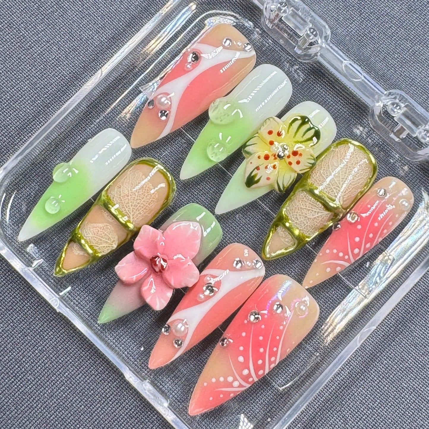Tropical Paradise Press-On Nails – Colorful Floral Design with Gold Accents – Handmade Summer Nail Set