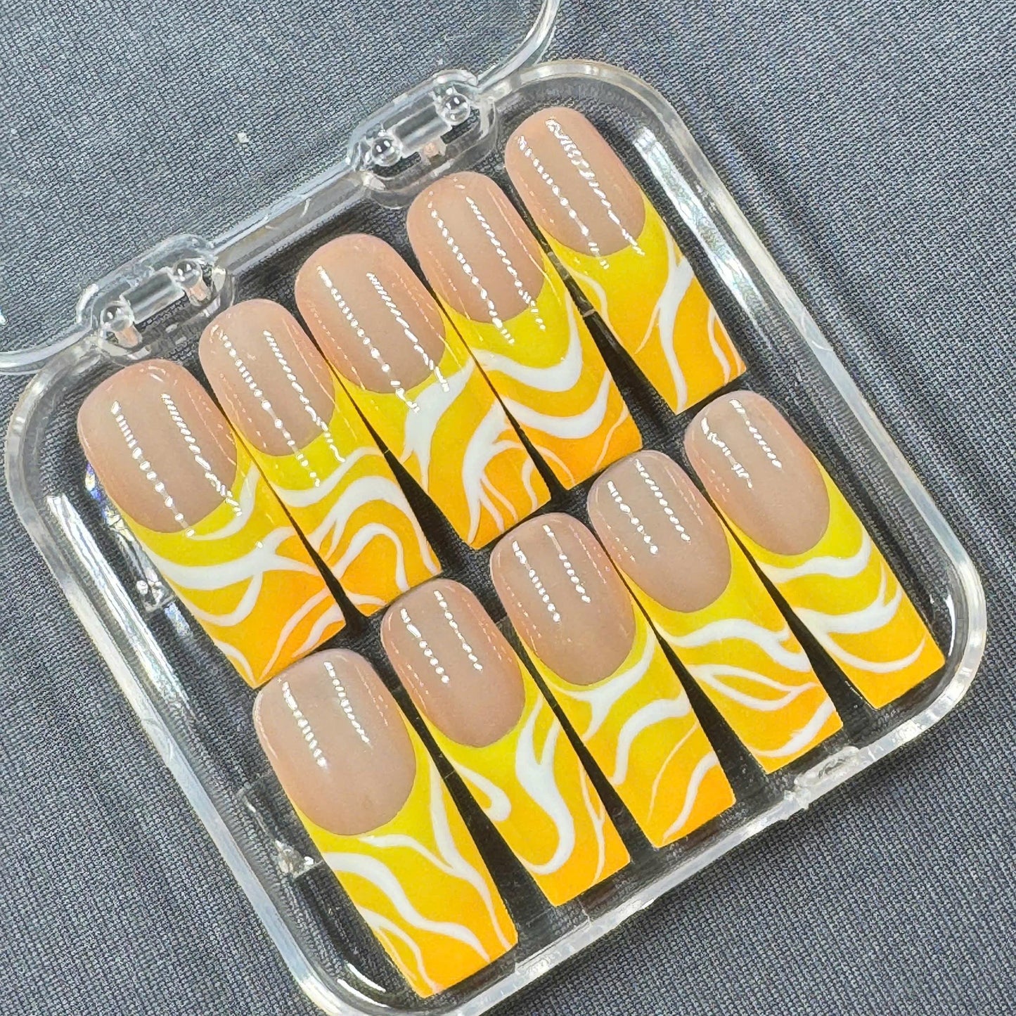 Citrus Swirl Press On Nails β Yellow Orange Marble French Tips in Long Coffin Shape | Gift for Her