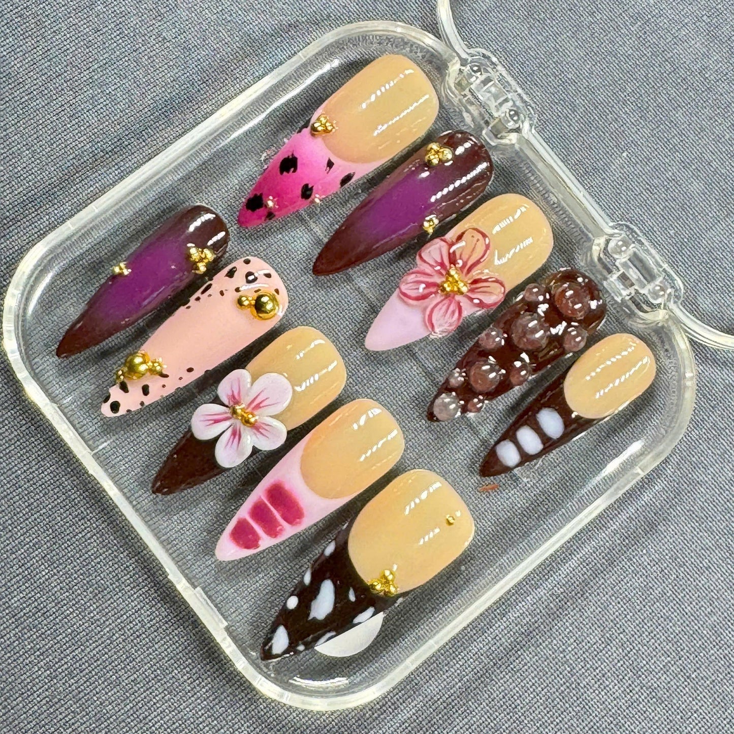 Custom Almond Press On Nails β Hand Drawn Punk Style Art with 3D Flowers and Chrome Accents | Gift for Her