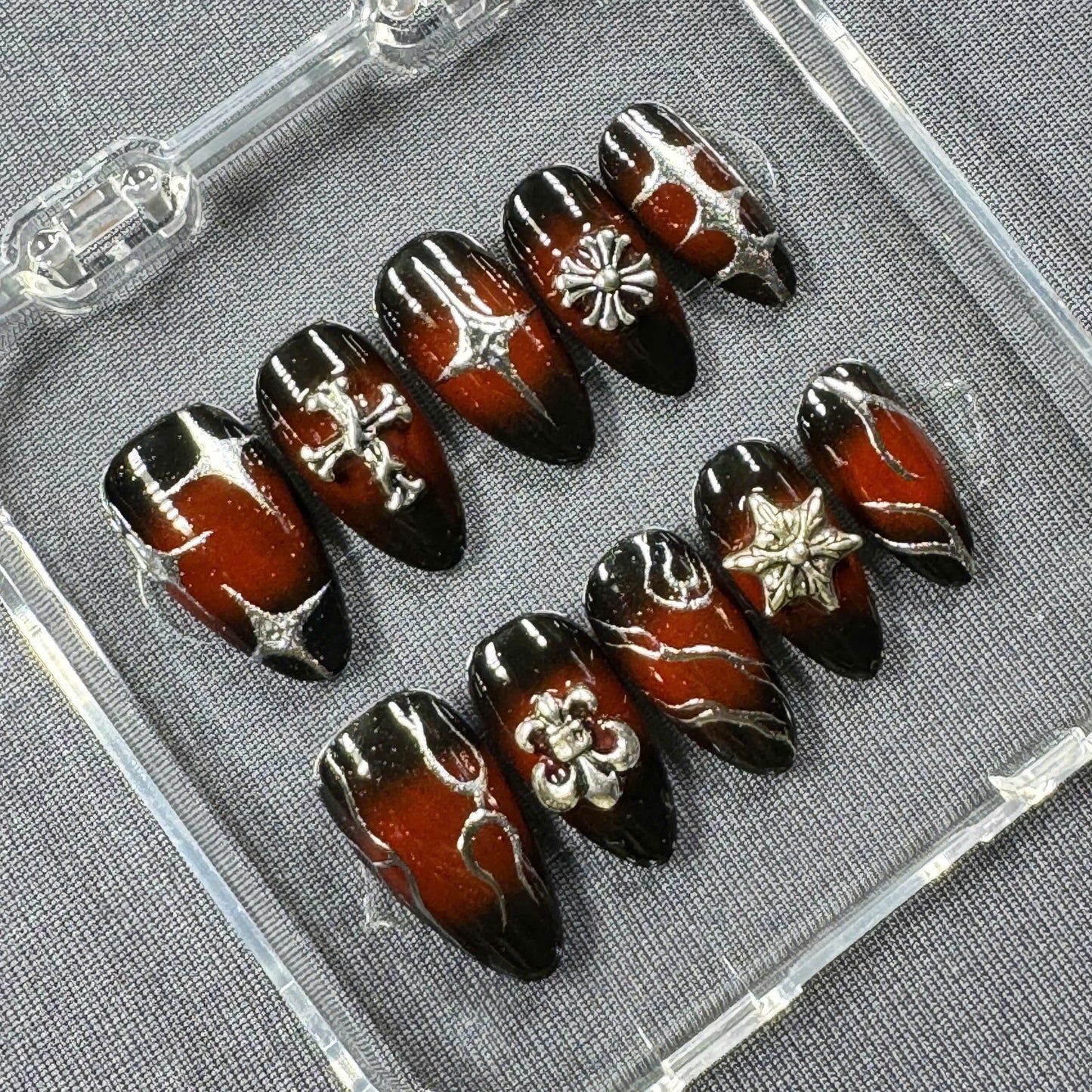 Midnight Flame Press On Nails β Gothic Red with Chrome Charms and Silver Flames | Gift for Her