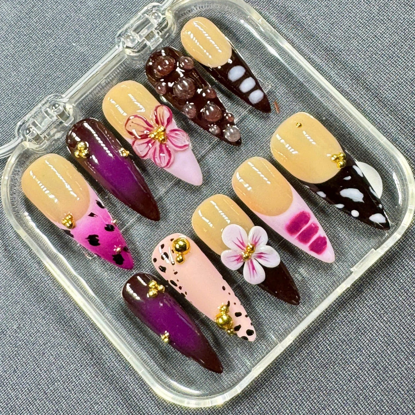 Custom Almond Press On Nails β Hand Drawn Punk Style Art with 3D Flowers and Chrome Accents | Gift for Her