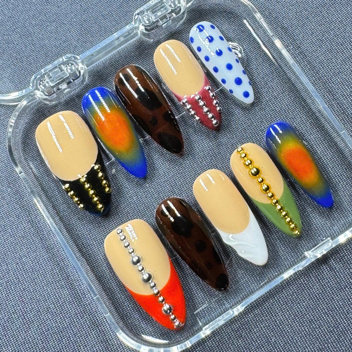 Boho Chic Press-On Nails – Earthy Tones with Geometric Design – Handmade Long Coffin Set