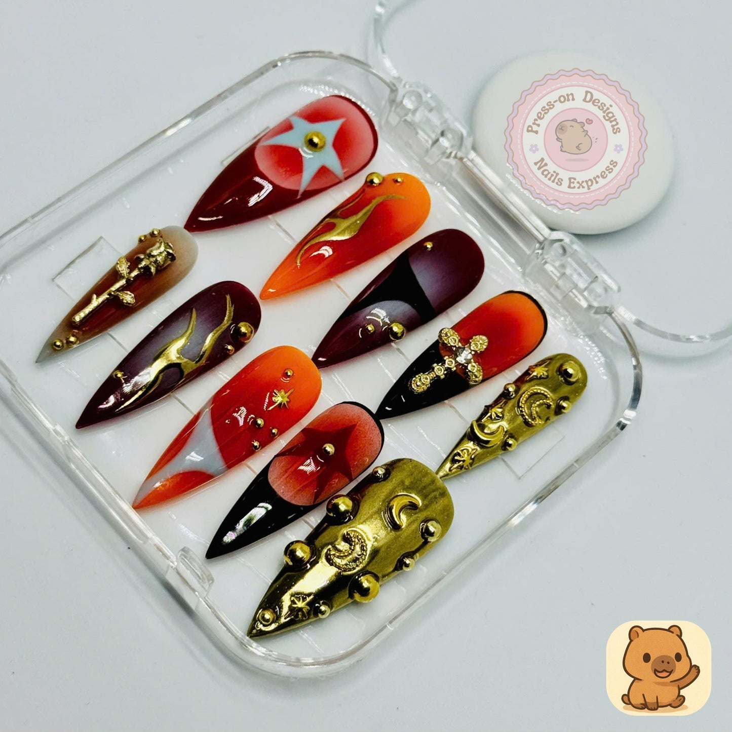 Celestial Fire Press-On Nails β Gothic Gold Embellished Long Almond Nail Set with Moons, Cross, Stars & Flames β Handmade Luxury Art