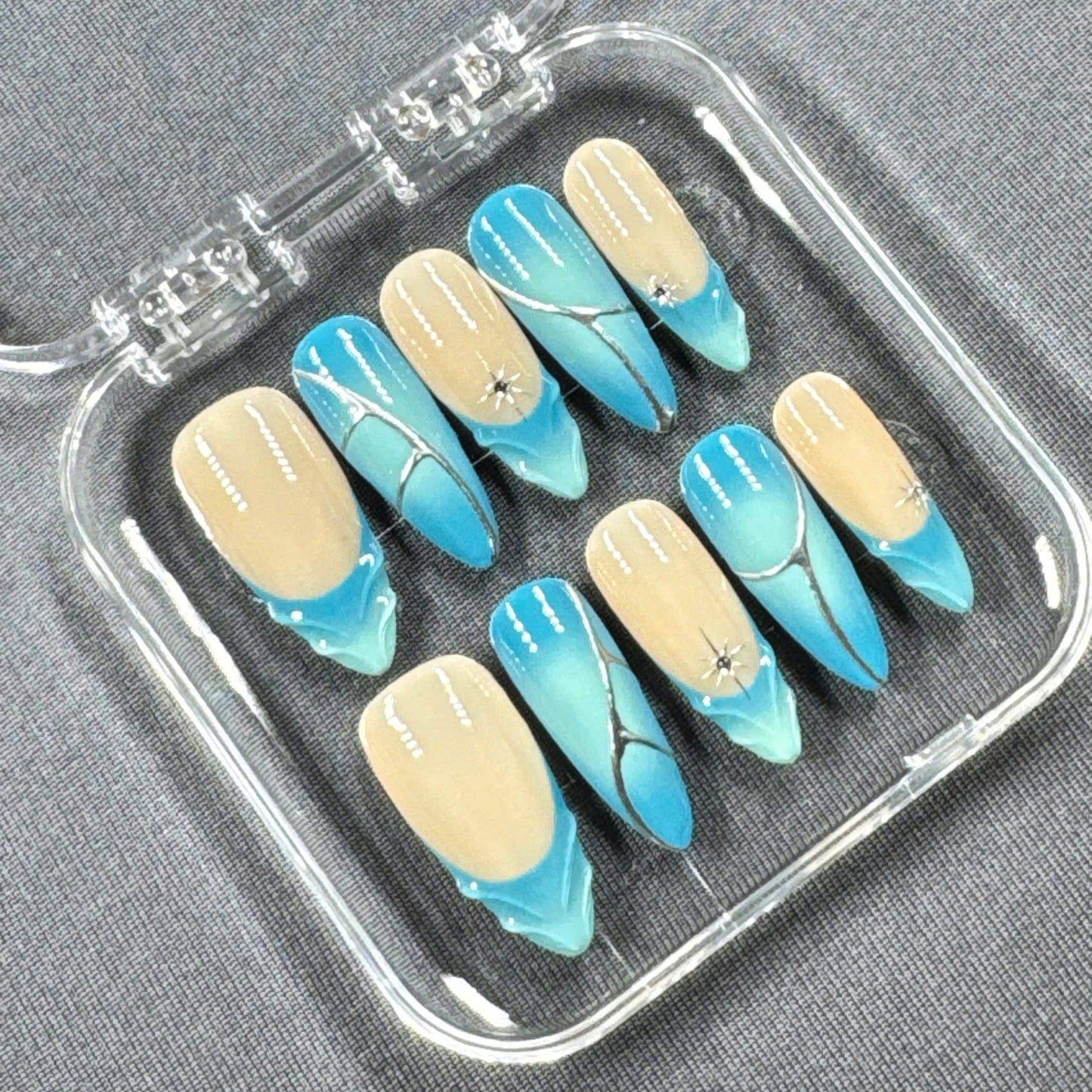 Ocean Mirage Press On Nails β Turquoise Gradient with Silver Lines and Star Charms | Gift for Her