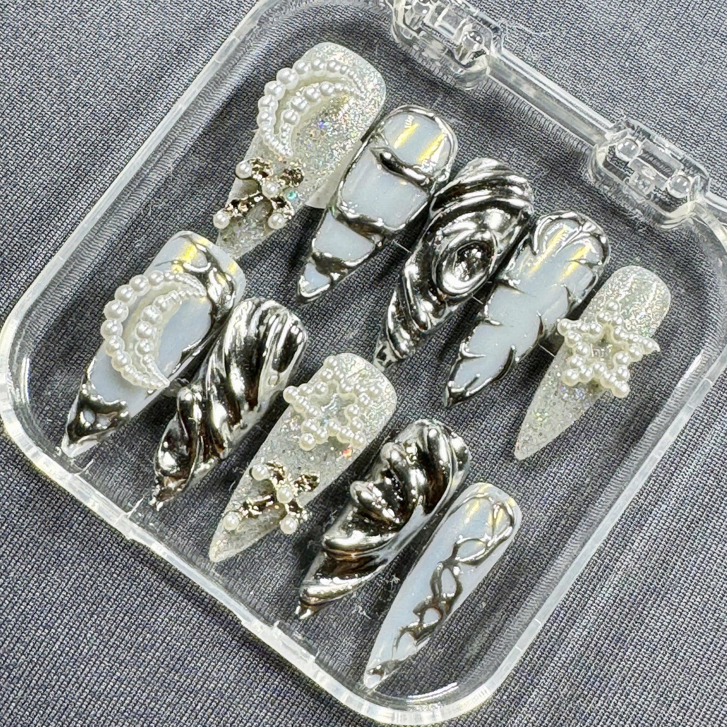 Lunar Luxe Press On Nails β Silver Chrome with Pearls and Holographic Glitter | Gift for Her