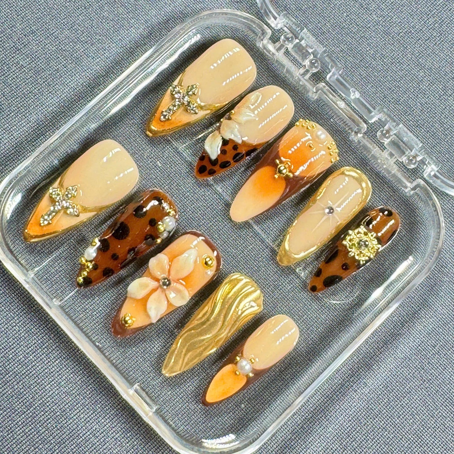 Golden Safari Press On Nails β Hand Drawn Leopard, 3D Florals, and Chrome Accents in Almond Shape | Gift for Her