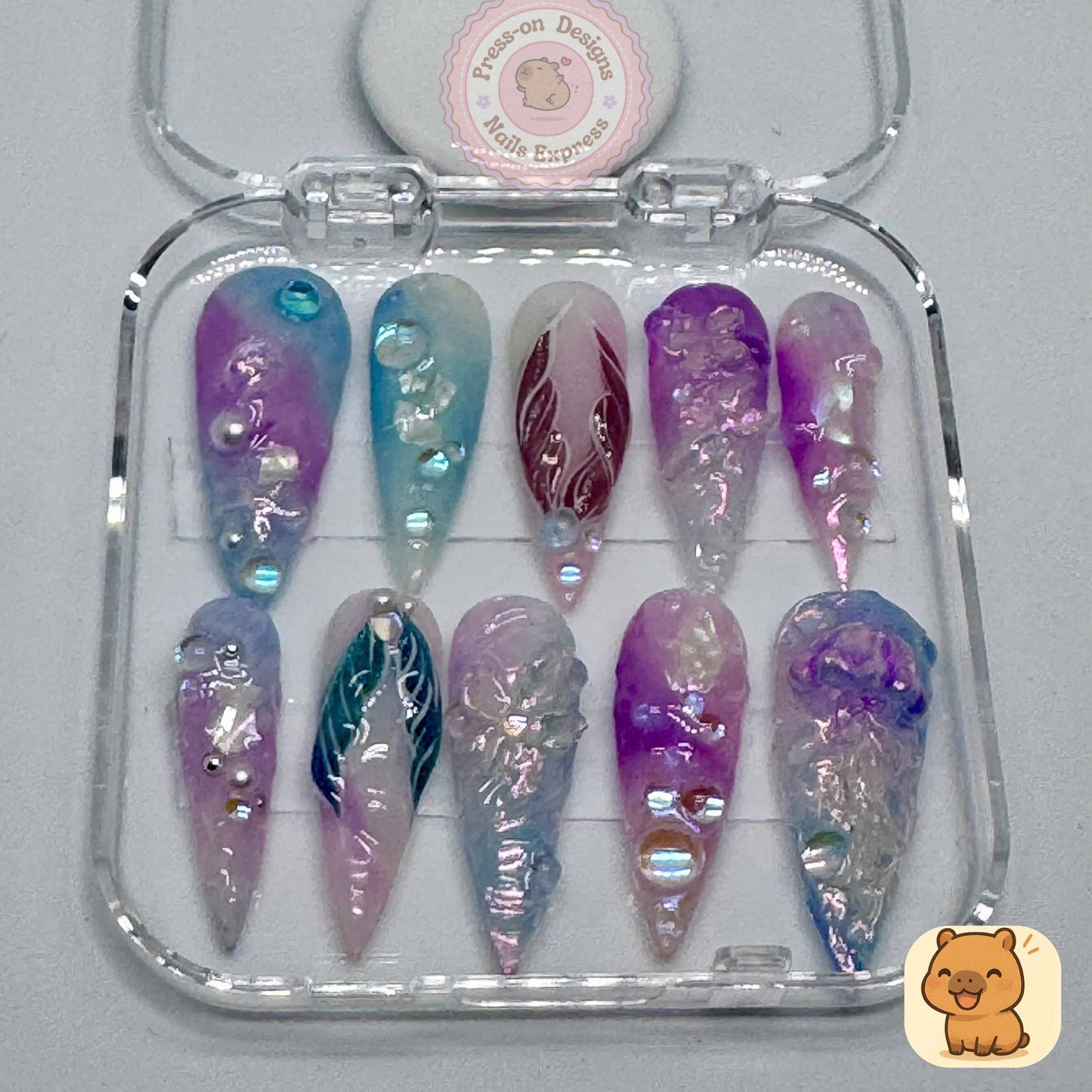 Iridescent Dream Press-On Nails β Pastel Chrome Fairycore Nail Art with 3D Flowers & Crystals β Handmade Long Teardrop Set