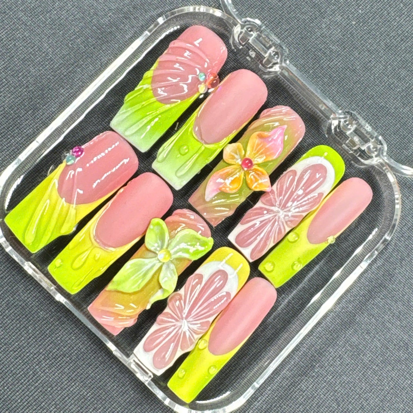 Tropical Bloom Press On Nails β Lime Pink Set with 3D Florals and Jelly Shine | Gift for Her