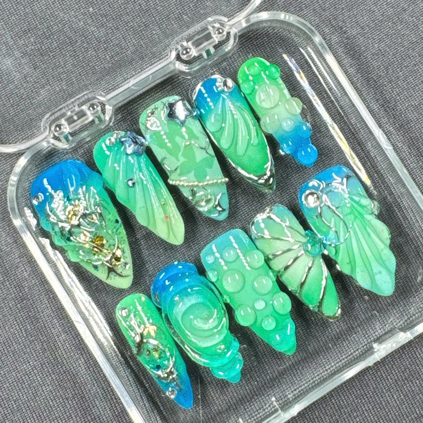 Mystic Forest Press On Nails β Emerald Blue Set with 3D Leaves and Gem Accents | Gift for Her