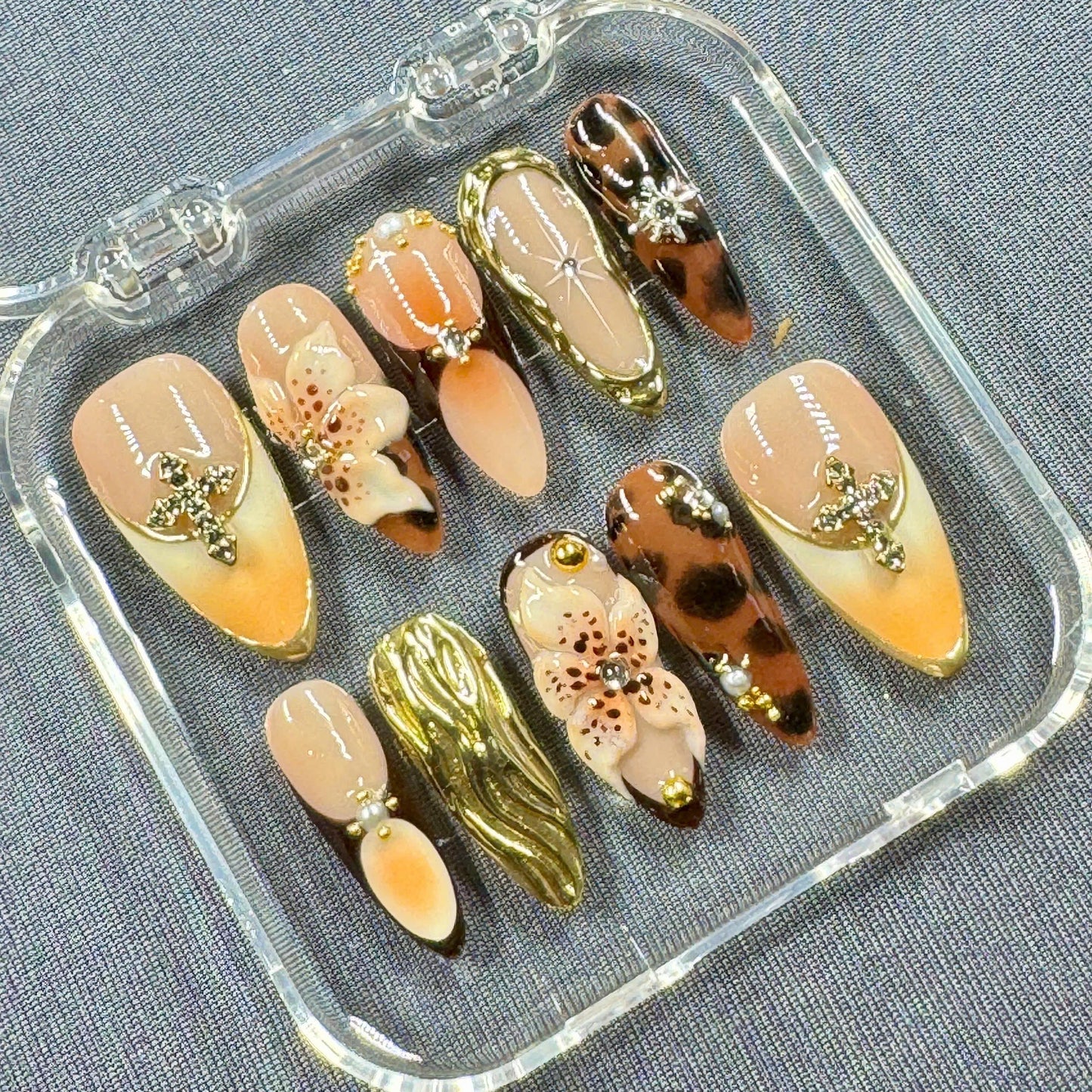 Golden Safari Press On Nails β 3D Floral and Leopard Accents on Almond Nails | Gift for Her