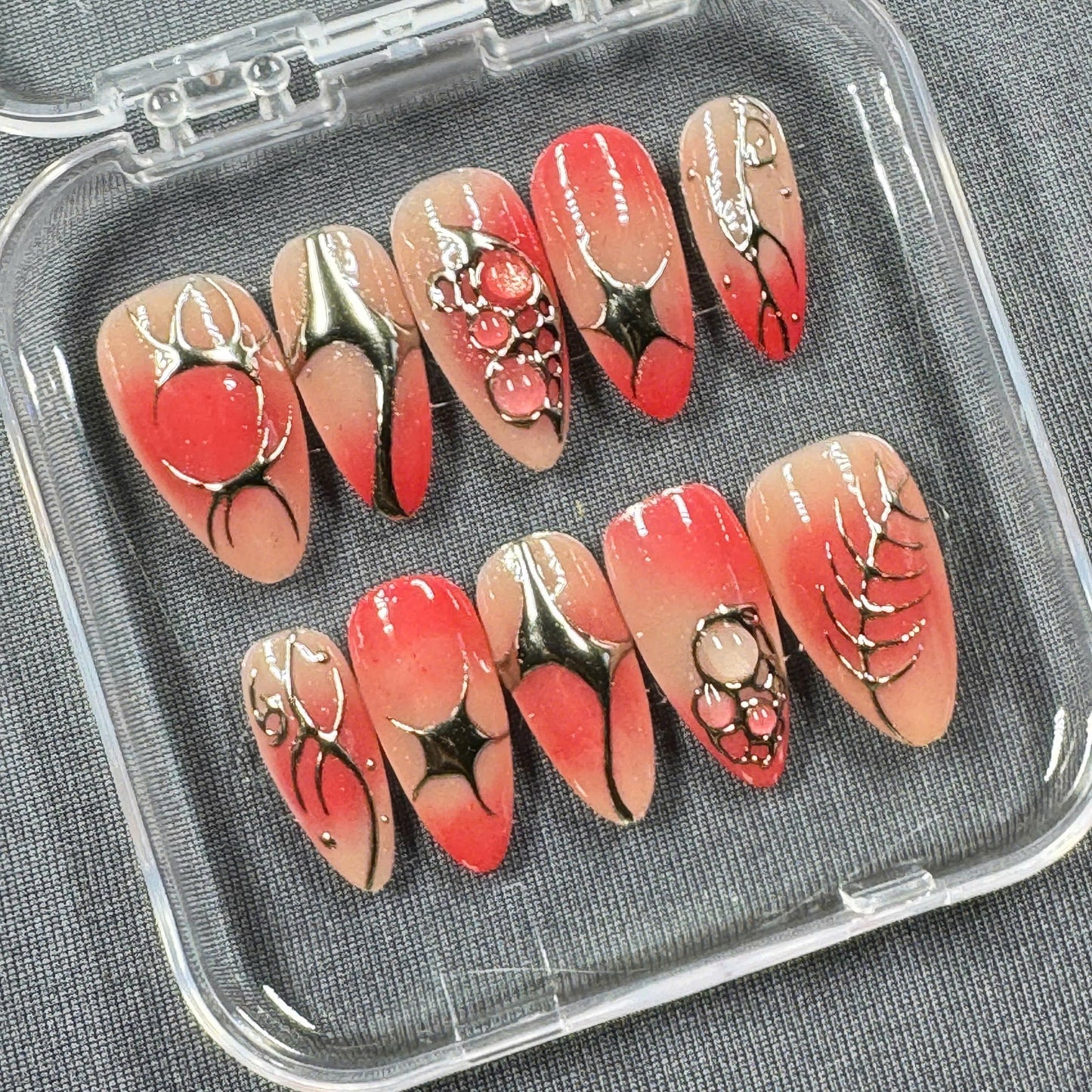 Crimson Flux Press On Nails β Red Chrome Abstract Art with Black Web Accents | Gift for Her