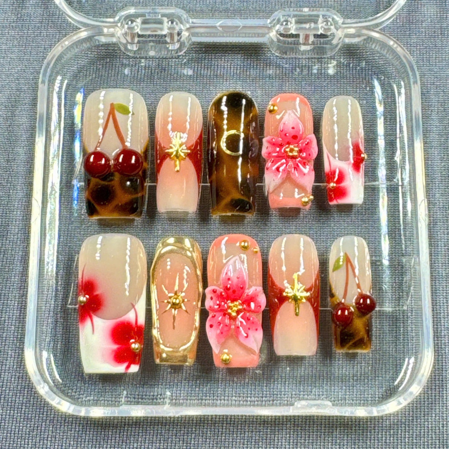 Cherry Blossom Delight Press On Nails β 3D Floral, Gold Stars and Cherry Fruit Accents | Gift for Her