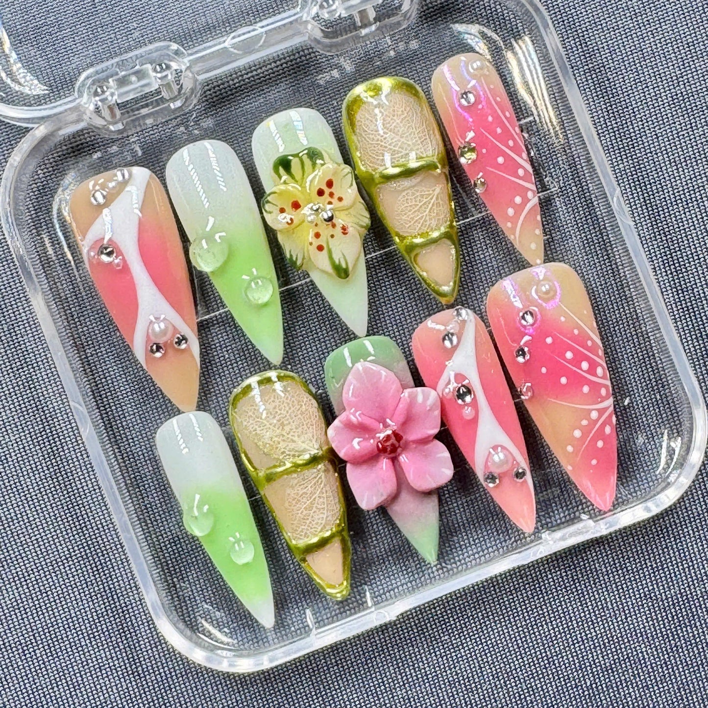 Rainbow Butterfly Press-On Nails – Artistic Gel Nail Art with 3D Butterfly Design – Handmade Multicolor Set