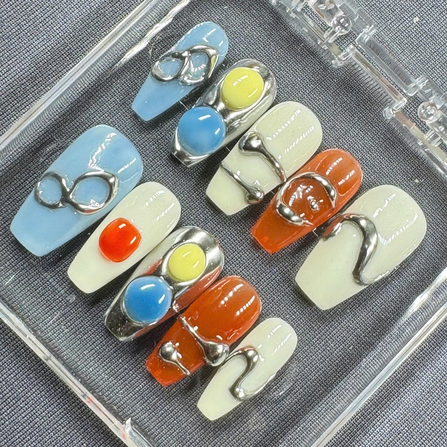 Chrome Orb Press On Nails β Abstract Pop Art Design in Blue, Yellow and Orange Tones | Gift for Her