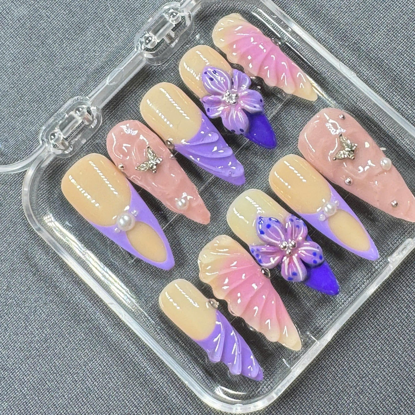 Lavender Whimsy Press On Nails β 3D Flowers, Butterflies & Pearls in Pastel Pink and Purple | Gift for Her